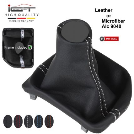 VW T6 Bus pomo de palanca de cambios y funda de cuero con marco, costura plateada